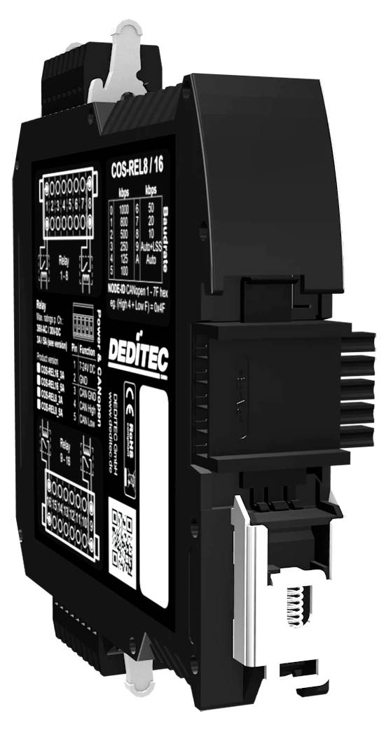 Black electronic DIN-rail control module with labeled terminal block and front panel markings, shown in angled product view on white background.