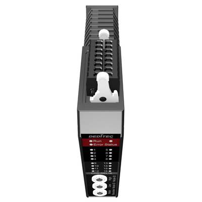 Front view of a black and silver DEDiTEC electronic module with stacked slots, status lights labeled Run and Error Status, and numbered indicator buttons.