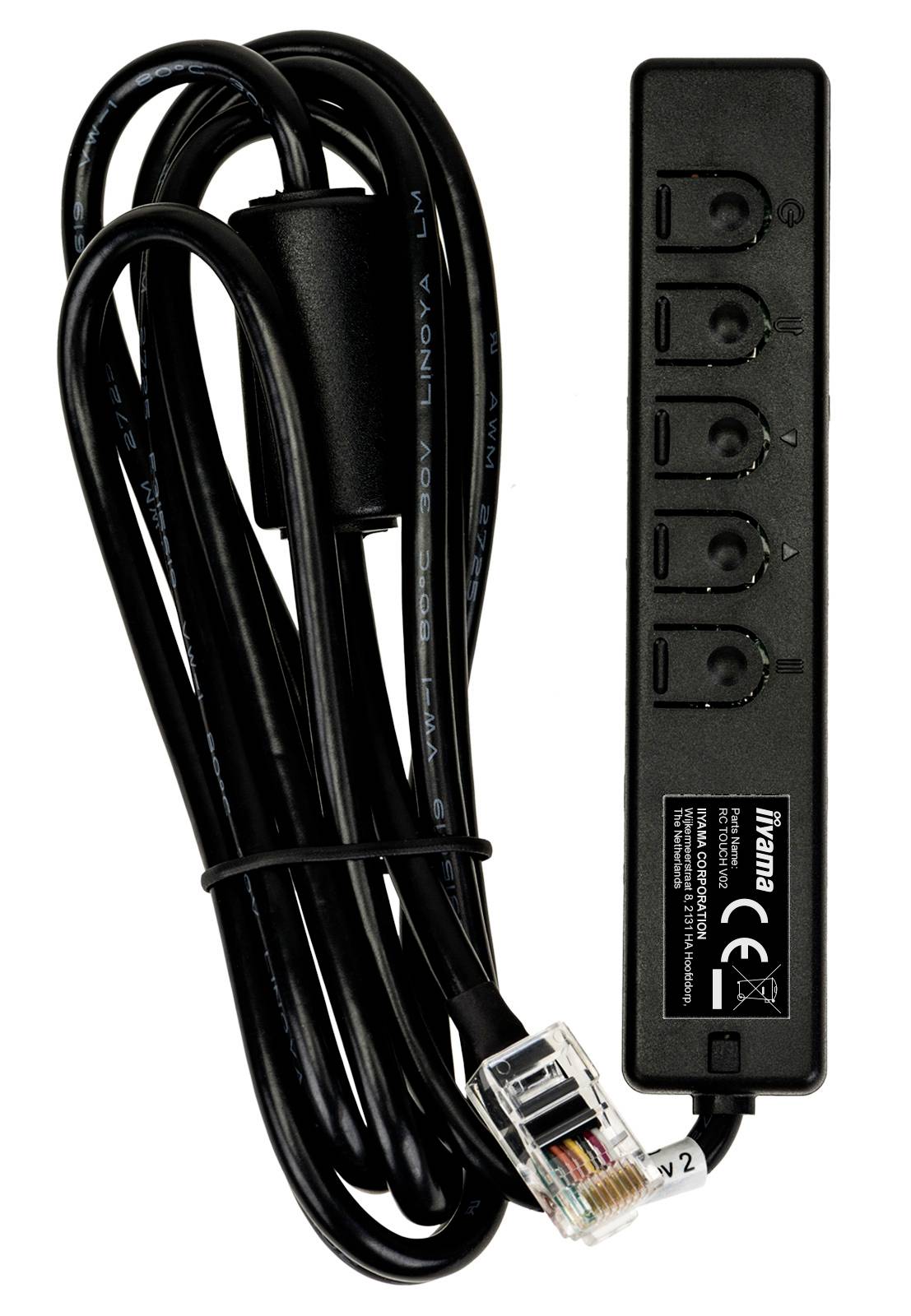 Black Iiyama wired control keypad with five buttons and attached RJ45-style cable, shown on a white background.