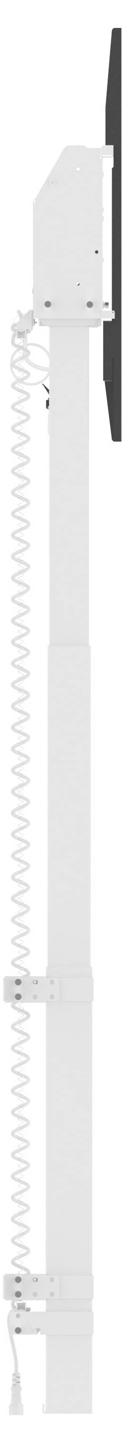 Side view of a white wall-mounted device with a long black circular front panel and a coiled white power cord hanging below.