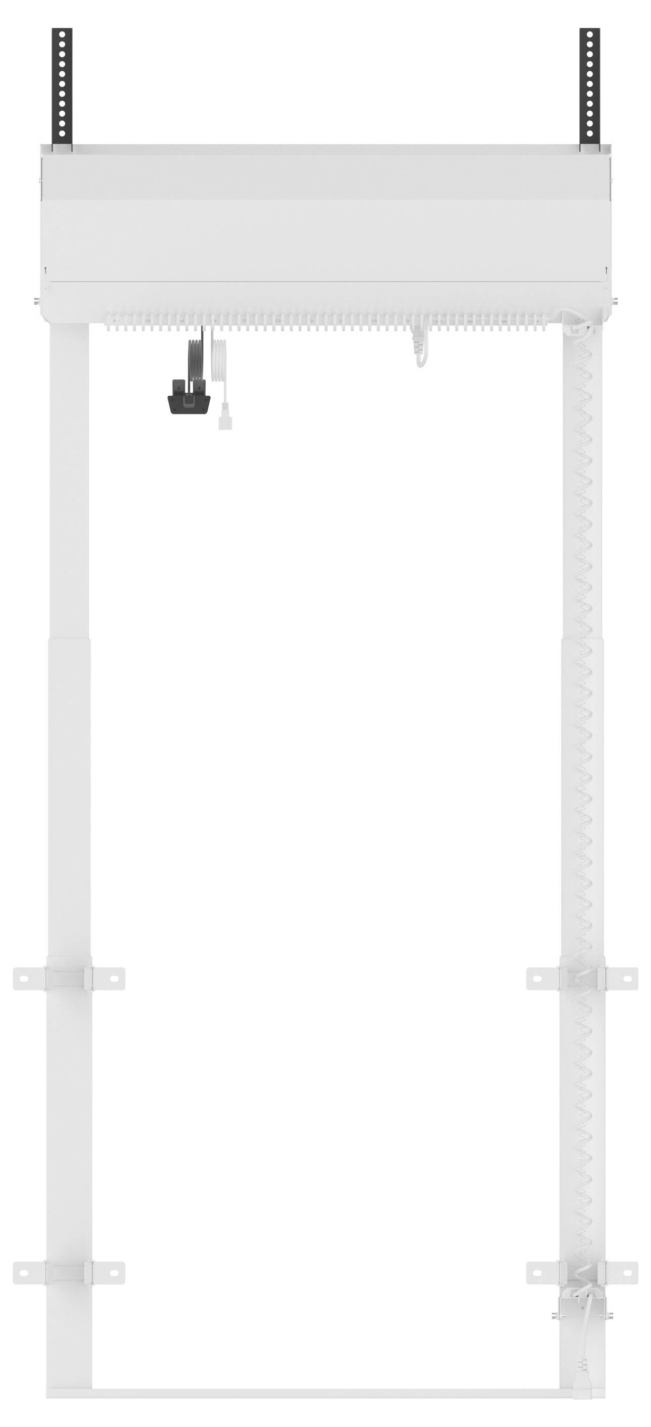 White wall-mounted frame or lift mechanism with two vertical rails and adjustable brackets, shown front view on a plain background.