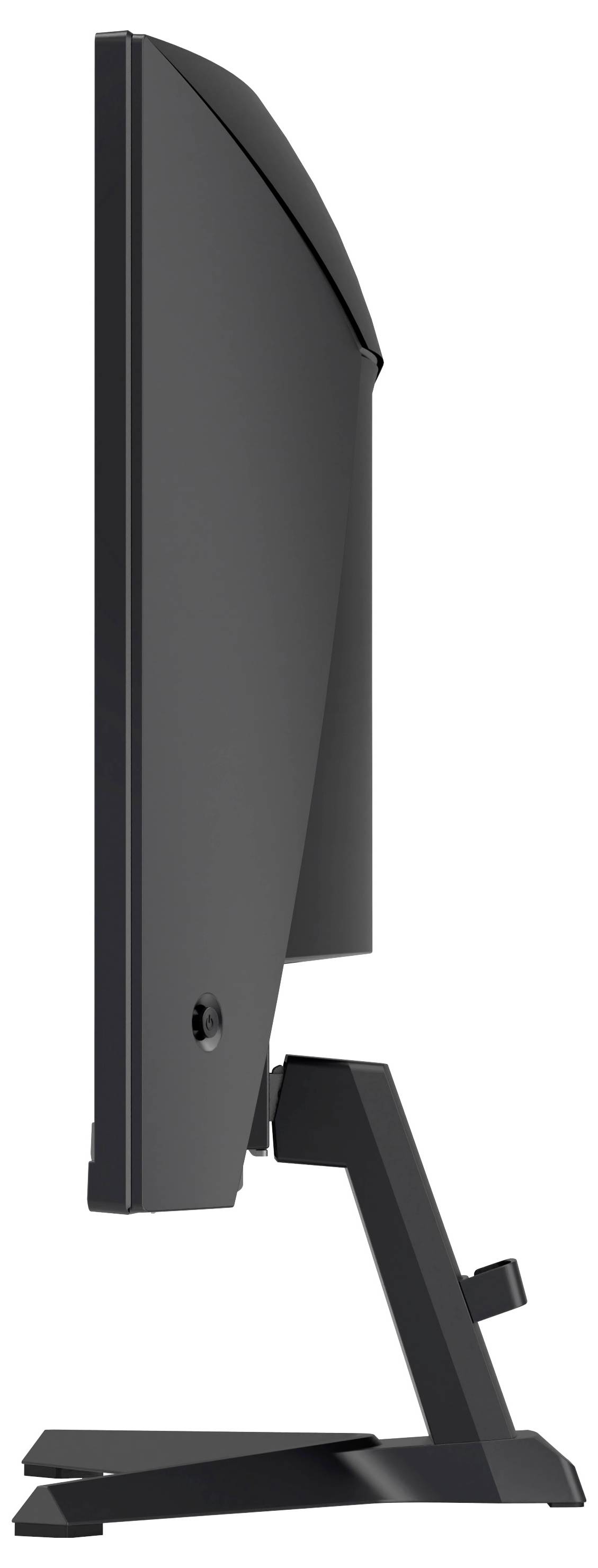 Side view of a black computer monitor on a stand, showing the slim panel and adjustable angled base.
