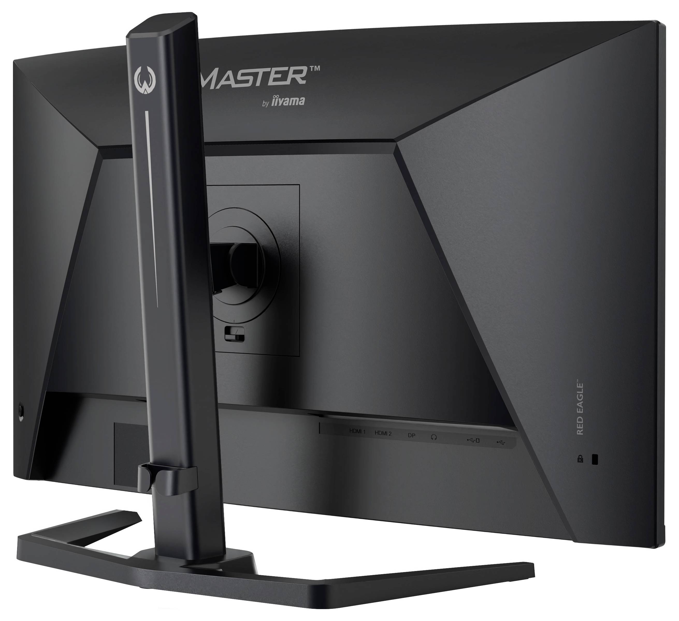 Rear view of a black iiyama G-MASTER computer monitor on a stand, showing the adjustable mounting back and cable port area.<br>