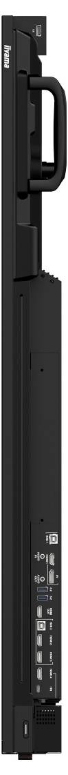 Tall black docking station or side panel with a large handle, multiple front ports, and small status indicators arranged vertically on a narrow device<br>