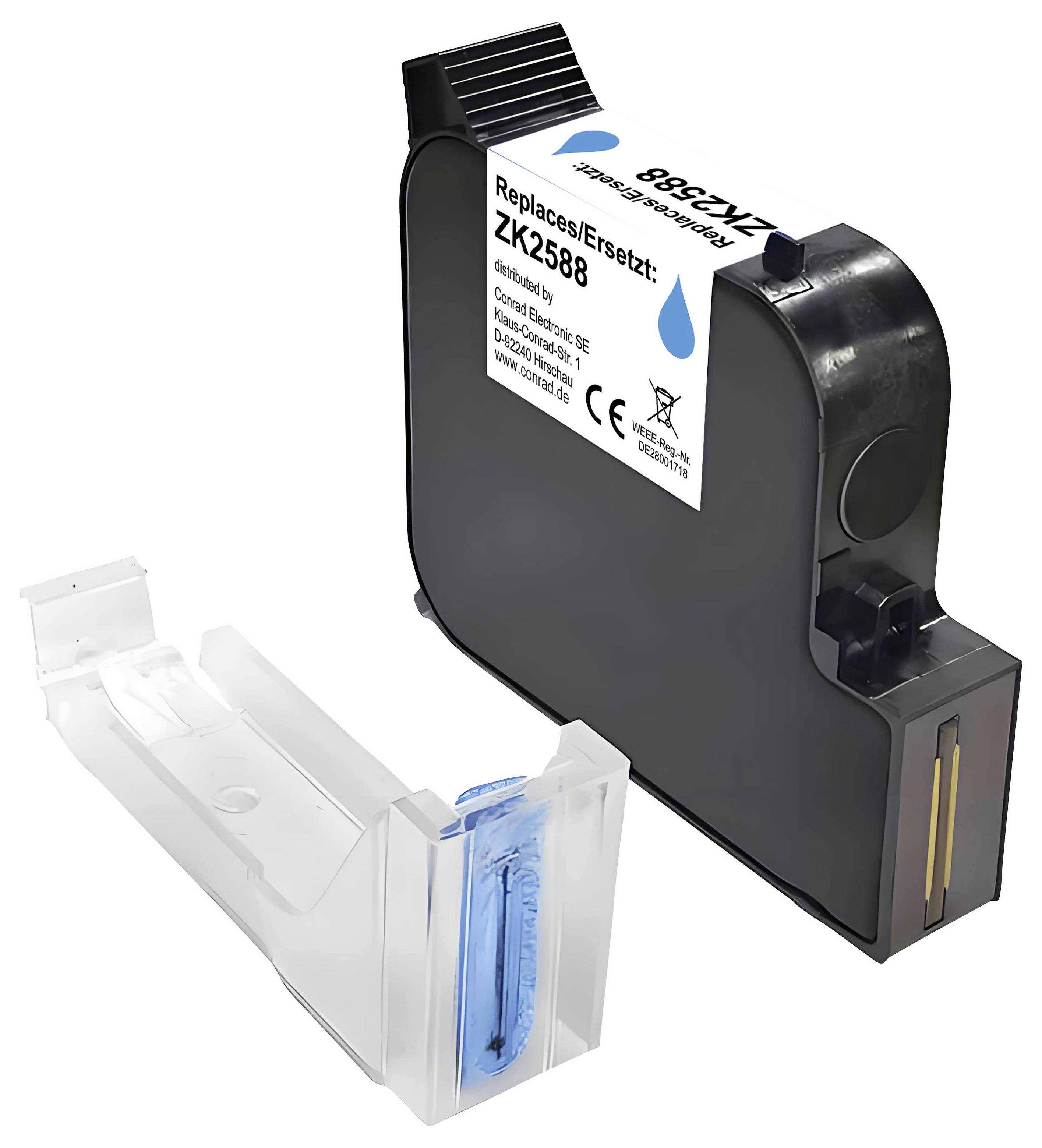 Black printer ink cartridge labeled 'Replace/Ersetzt: ZK2588' beside a clear plastic shipping holder, shown on a white background.