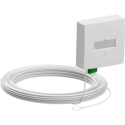 Coiled white cable connected to a wall-mounted fiber optic outlet box with a small green connector.