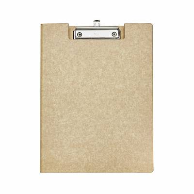 A brown clipboard with a metal clip holding a blank sheet of paper.<br>