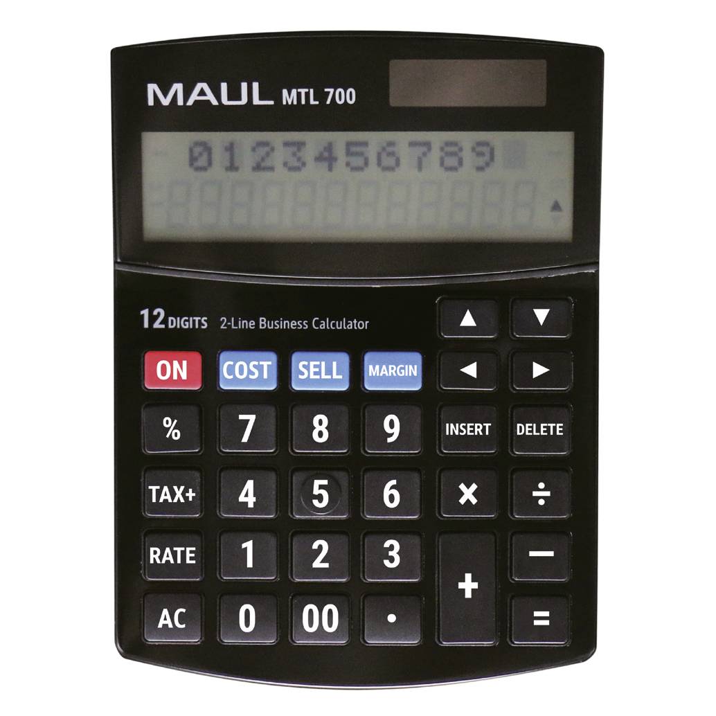 Black MAUL MTL 700 12-digit business calculator with display, numeric keypad, and function keys for cost, sell, margin, tax, and rate.