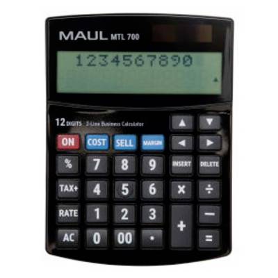 Black 12-digit business calculator with solar panel, LCD display showing 1234567890, and large function and number keys.