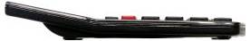 Side view of a slim black remote control with a red power button and several other buttons along the top.