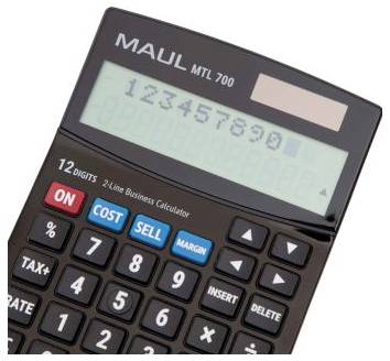 Close-up of a black MAUL MTL 700 business calculator showing the number 1234567890, with cost, sell, margin, tax and rate keys visible.