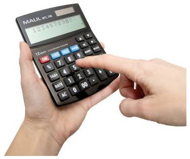 Hands hold a black calculator while a finger presses the keys, showing number entry on the display.