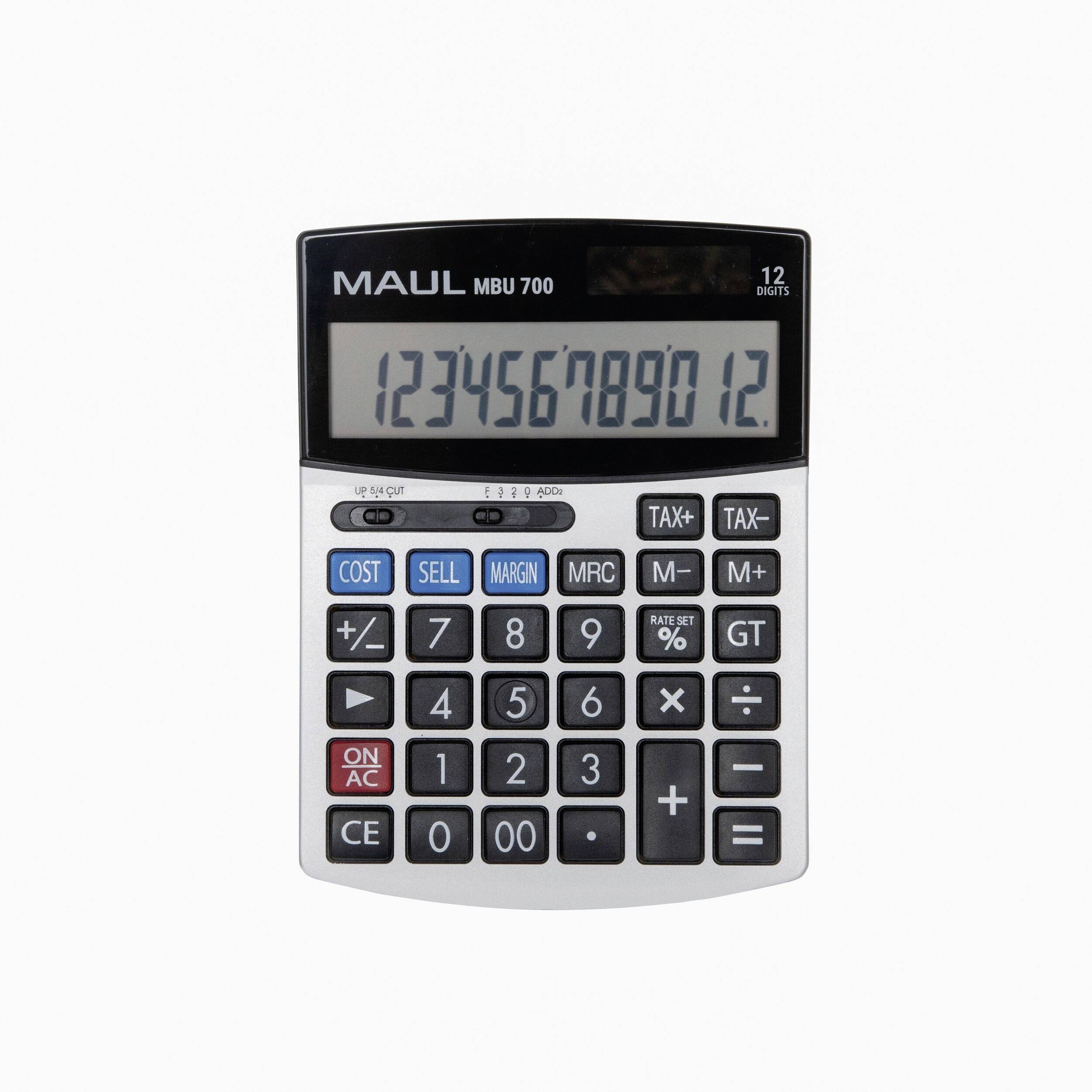 A black-and-silver MAUL MBU 700 desktop calculator showing '1234567890.12' on its display.