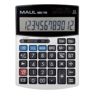 A MAUL MBU 700 desktop calculator showing 1234567890.12, with a 12-digit display and business keys for tax, memory, and total.