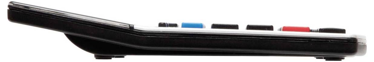 Side view of a slim black remote control with buttons along the top edge, including blue and red buttons.