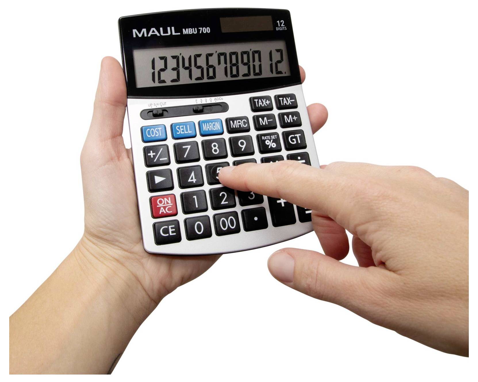 Hands using a scientific calculator, with one finger pressing a number key and the display showing 123456789012.