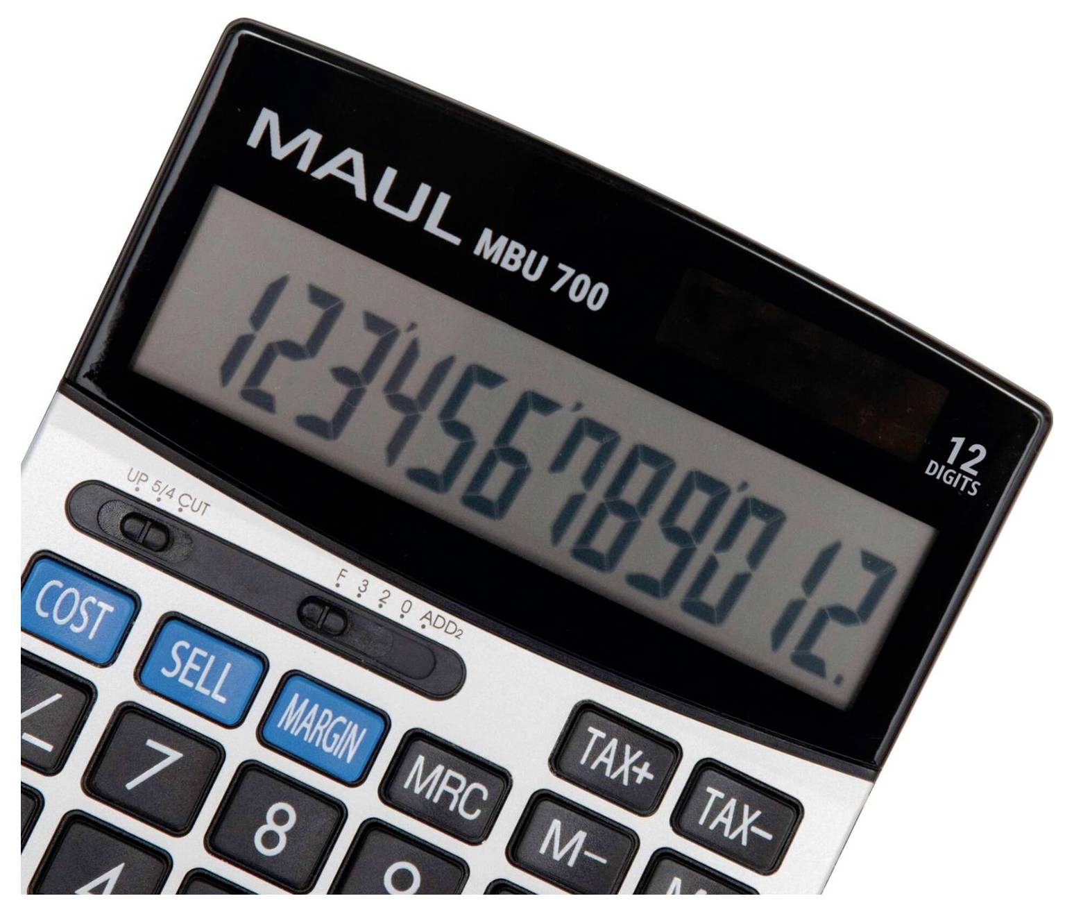 Close-up of a MAUL MBU 700 calculator displaying a long number on its 12-digit screen, with cost, sell, margin, and tax buttons visible.