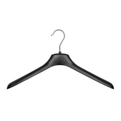 Black plastic clothes hanger with metal hook on a white background.