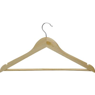 A plain wooden clothes hanger with a metal hook on a white background.
