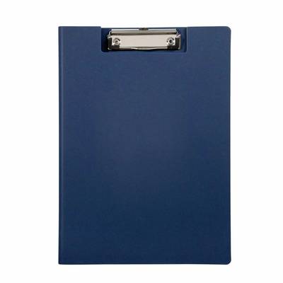 Blue clipboard with a metal clip on a white background.