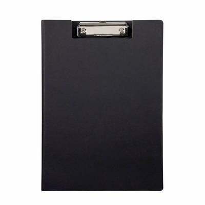Black clipboard with metal clip on top, shown against a white background.