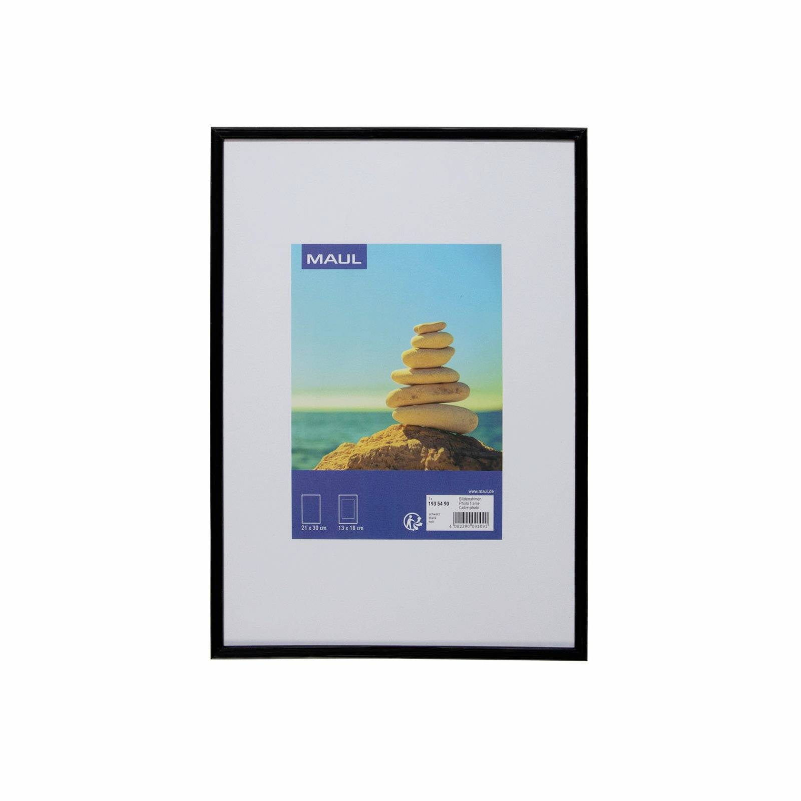 Framed white mat with a centered MAUL product package image showing stacked stones by the sea and a barcode label.<br>