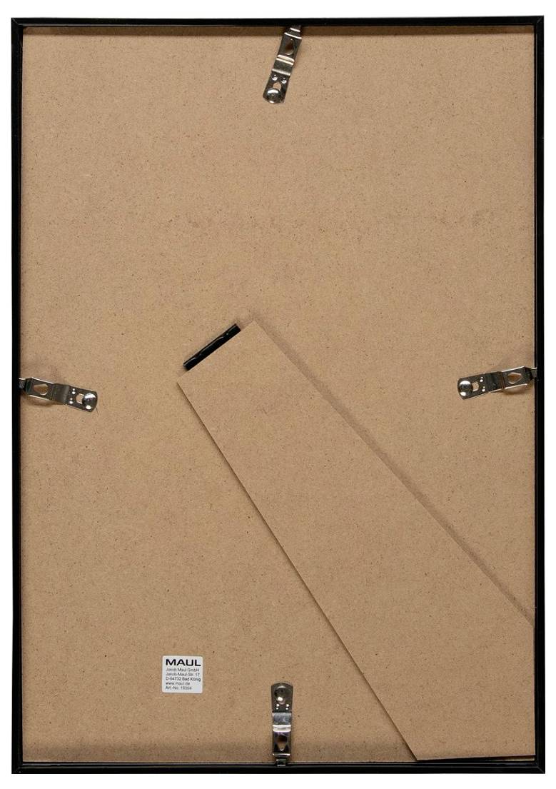 Back of a framed picture with a cardboard dust cover, hanging clips, and a small MAUI label near the bottom left.