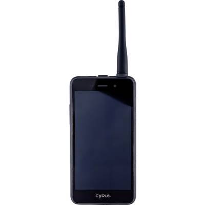 Black Cyrus smartphone with a long external antenna, shown front view with screen off.