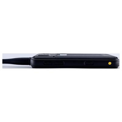 Side view of a black wired handheld device with three buttons and a yellow indicator light near the right end.