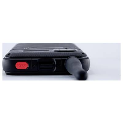 Close-up of a rugged black device showing a red 'SOS' button, a charging port, and a plugged-in cable on a light background.