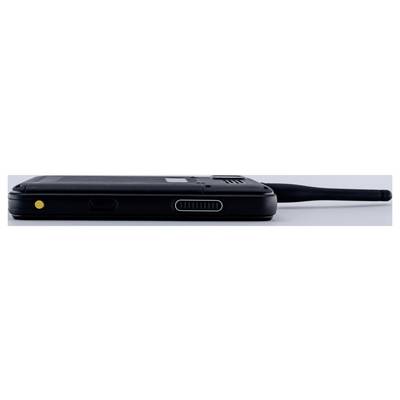 Side view of a black mobile phone with an extended antenna on a white background.