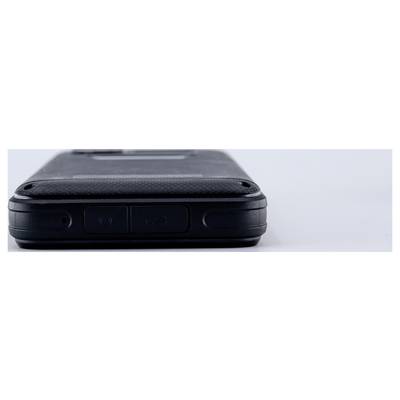 Side view of a black rugged hard case or portable device lying closed on a white surface.