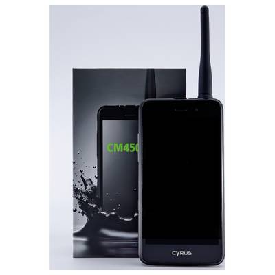 Black Cyrus CM450 rugged phone with antenna shown in front of its box, with water splash graphic suggesting durability<br>