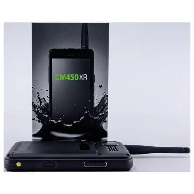 Black rugged handheld device labeled 'CM450XR' standing in a splash of water, with a second device lying flat in front.
