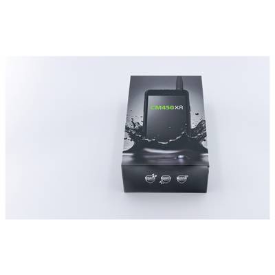 Black product box or device package labeled 'CM450XA' on a white background, with a dark splash graphic and small feature icons on the front.