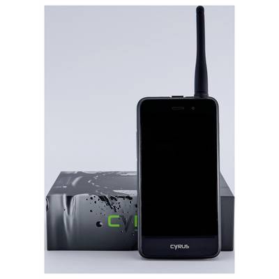Black Cyrus rugged smartphone with antenna standing in front of its retail box on a plain background.