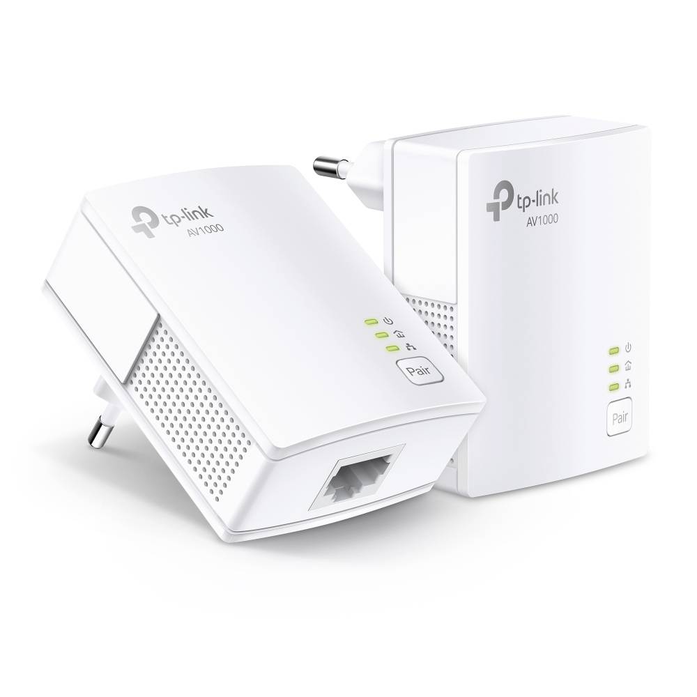 Two white TP-Link AV1000 powerline adapter plugs, one angled forward showing an Ethernet port and signal lights.<br>