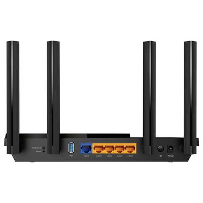 Black wireless router with four antennas, front ports labeled WAN and LAN1-LAN4, and power button on a white background.