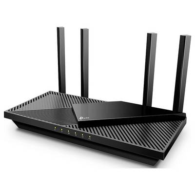 Black TP-Link Wi-Fi router with four antennas and LED status lights on a white background
