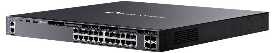 Black network switch with 24 Ethernet ports and 4 uplink slots on the front, shown in a product-style side view on a white background