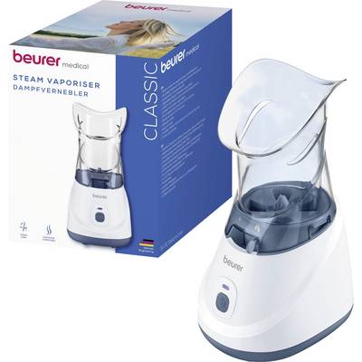 Beurer Medical steam vaporiser shown with its blue-and-white product box and the assembled device with a transparent steam mask.<br>