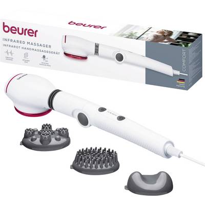 Beurer infrared massage hand massager with three interchangeable attachments and product packaging on a white background.
