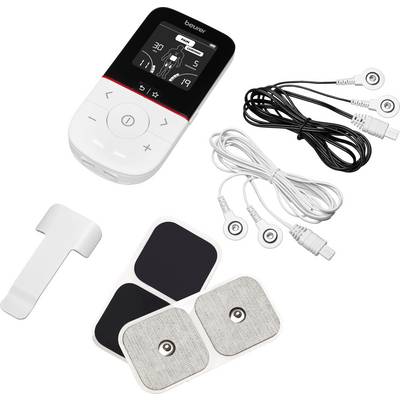 Portable TENS/EMS pain relief device with display, lead wires, adhesive electrode pads, and charging cable.