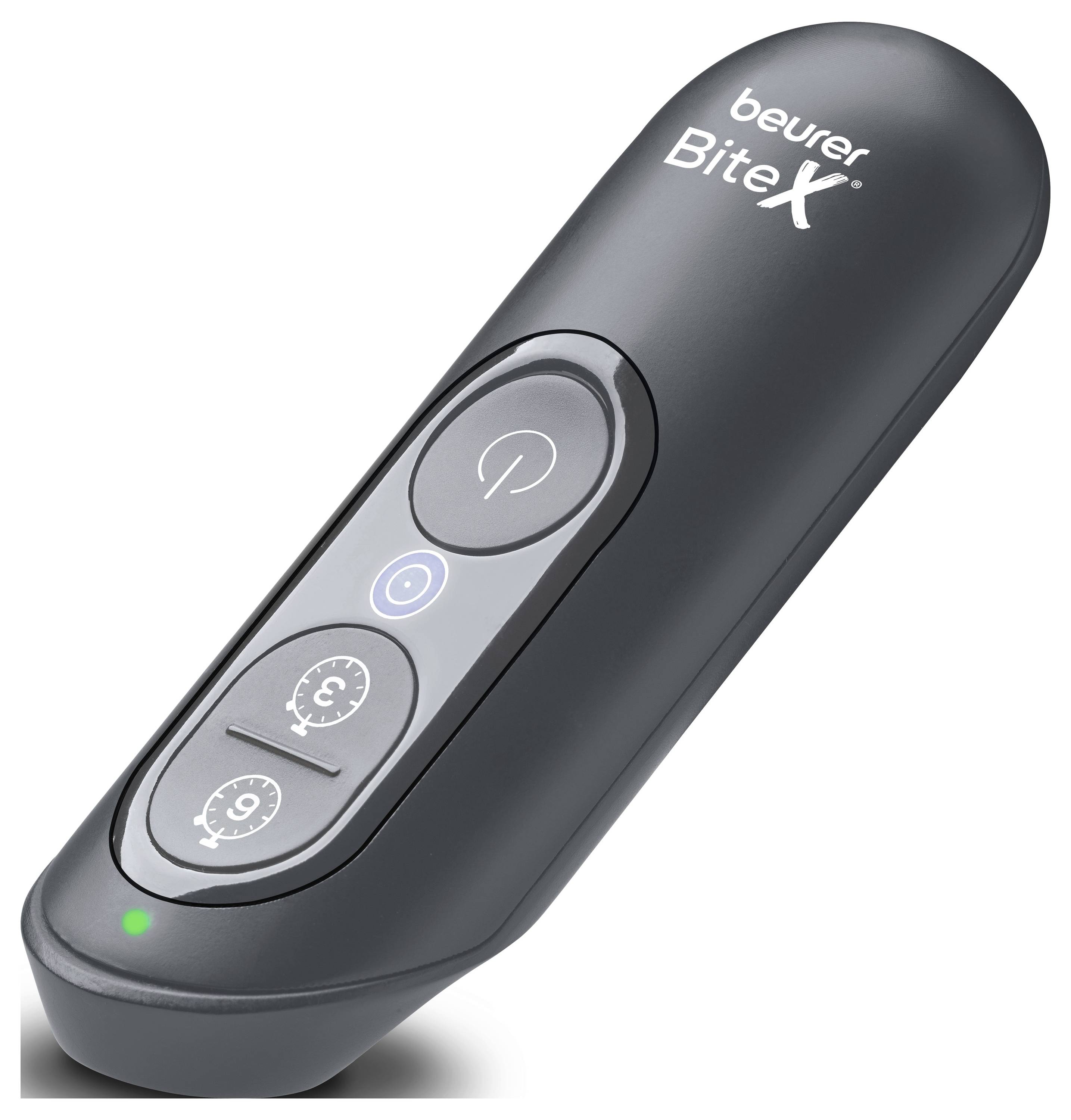 Black Beurer BiteX handheld anti-bite device with power button and two lower mode/intensity buttons, shown on white background.