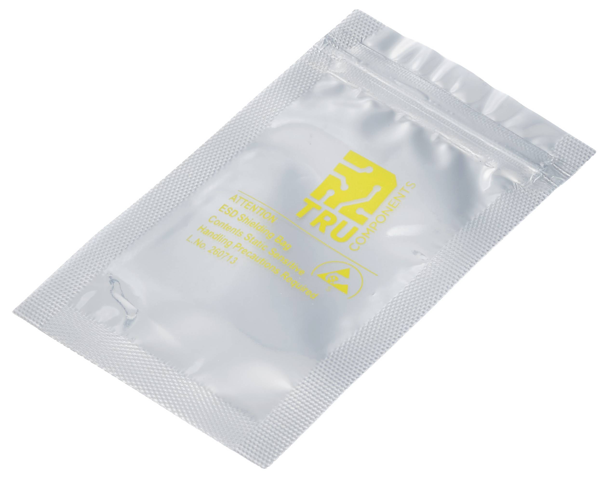 Silver foil condom wrapper labeled 'TRUE' with yellow print, shown unopened on a white background.