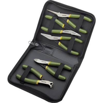 Open zippered tool case holding several green-handled pliers and wire cutters secured in elastic straps.