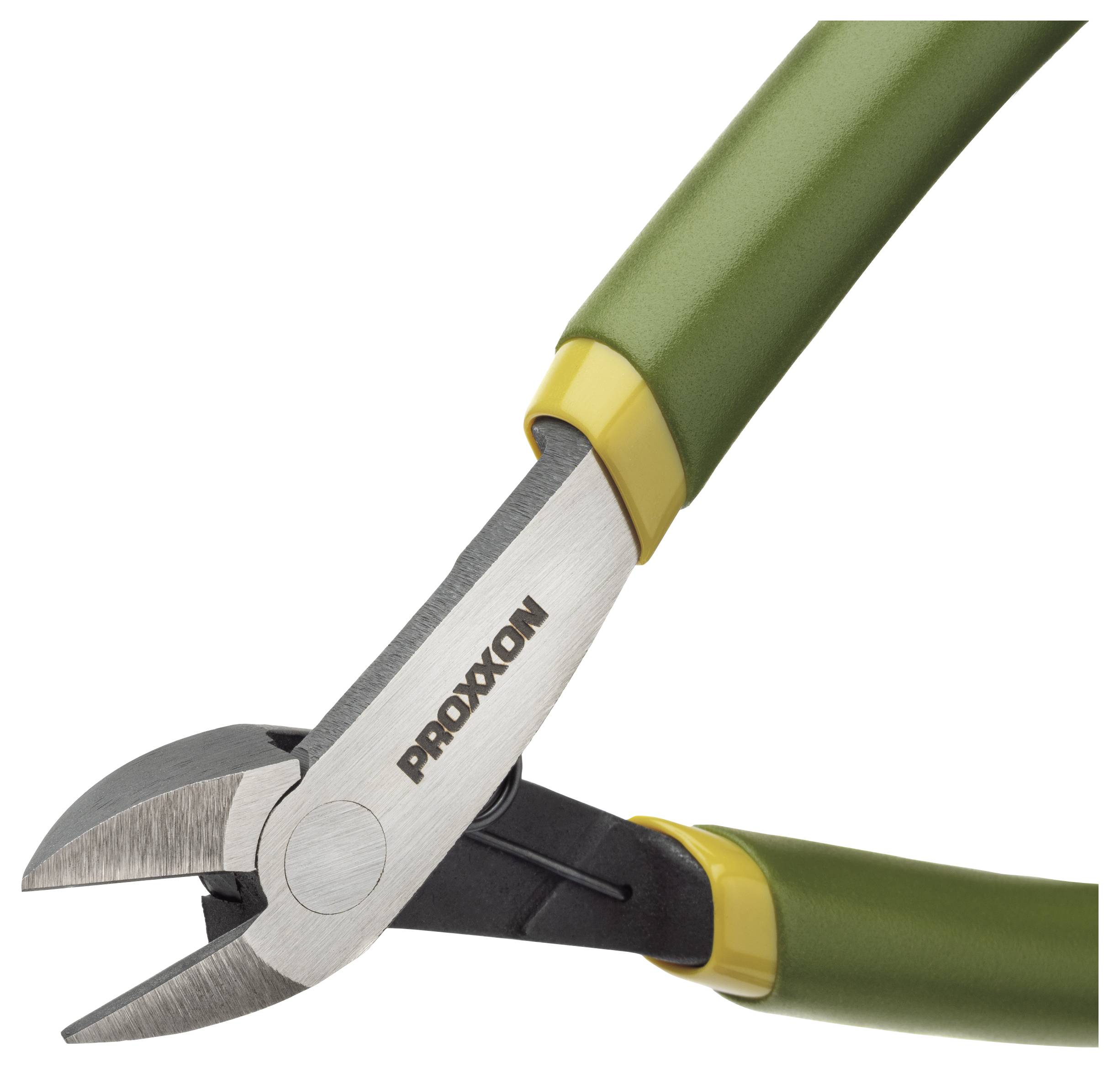 Close-up of green-handled cutting pliers with the jaws open, showing the Proxxon logo on the metal blade.<br>