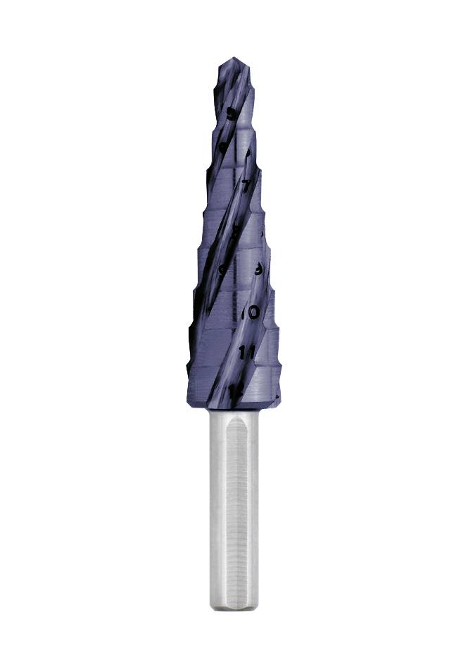 A blue spiral cutting drill bit with a silver shank, shown on a white background.<br>