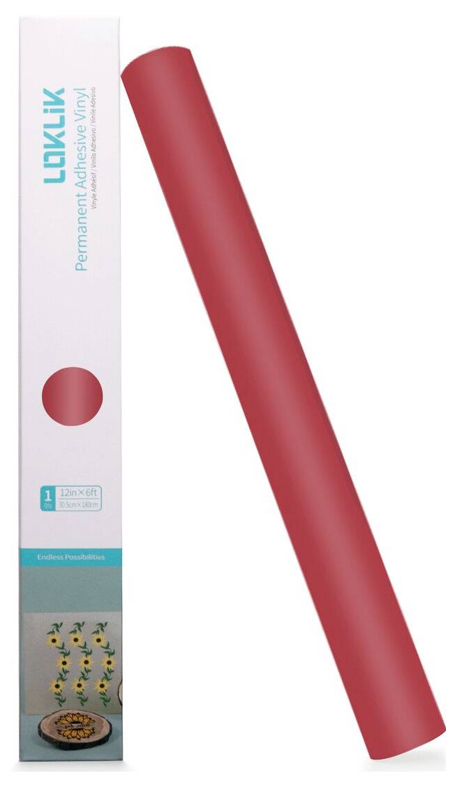 Red cylindrical adhesive vinyl roll beside a product box labeled 'LOVLLK Permanent Adhesive Vinyl'.