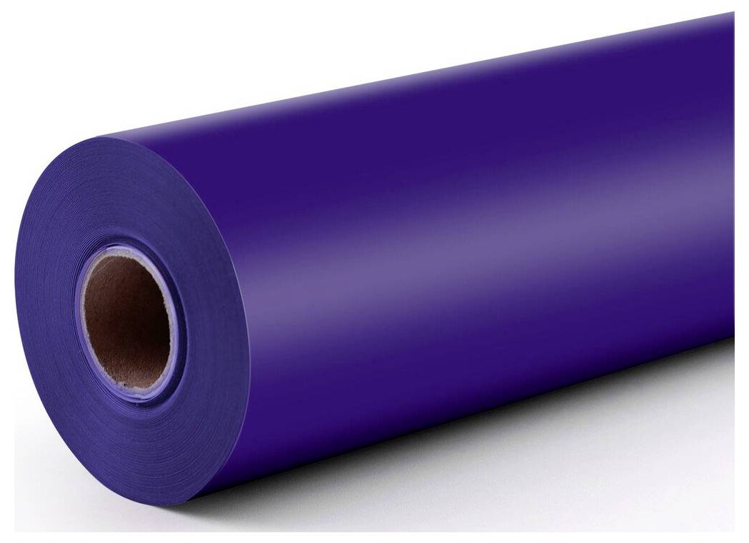 A large roll of glossy purple plastic film on a white background.